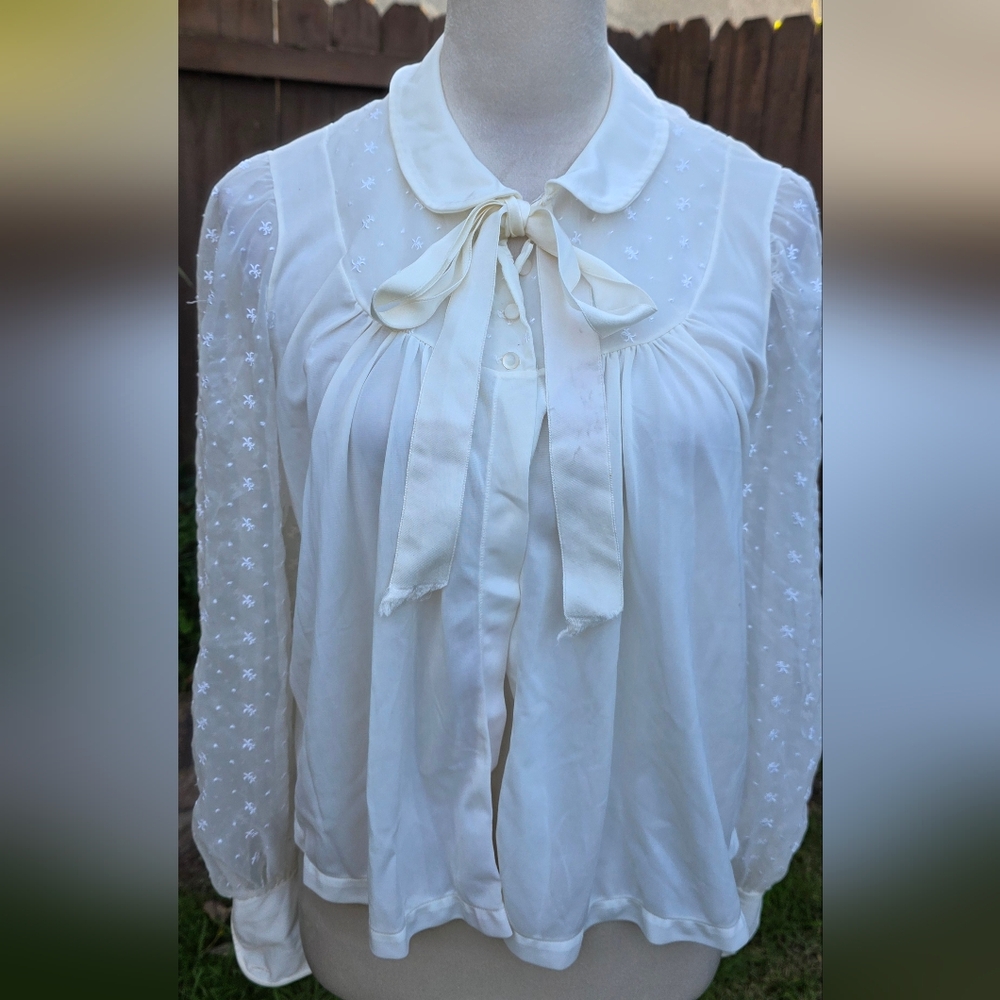 Luxite Vintage 50s Cream Long Sleeve Blouse with Bow Detail Size Large